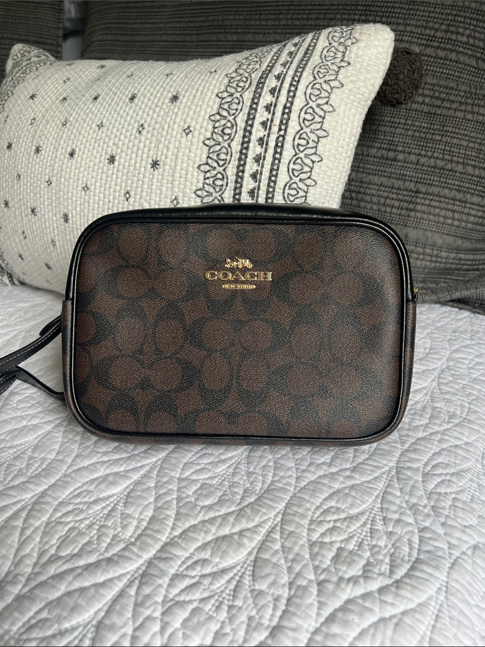 Coach Dark Brown Signature Camera Crossbody with Gold Logo